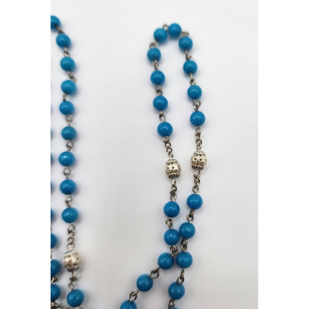 Italy Rosary Necklace Blue Beads Silver Metal Crucifix Catholic Prayer Beads - Picture 4 of 9